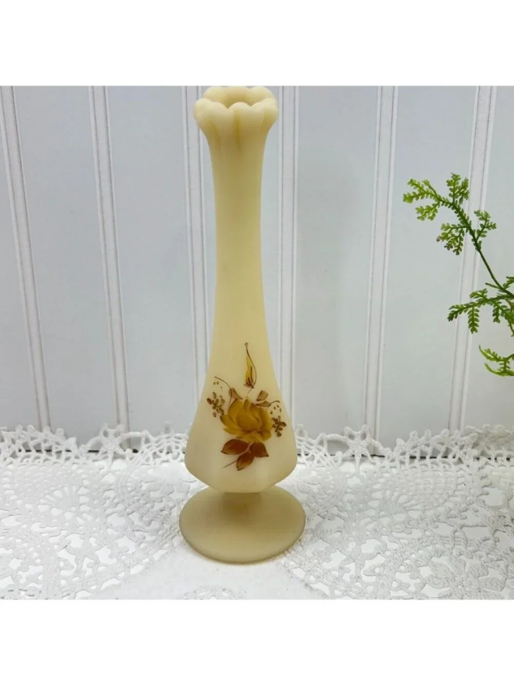 Fenton Custard Glass Satin Pedestal Swung Bud Vase Hand Painted Artist Signed